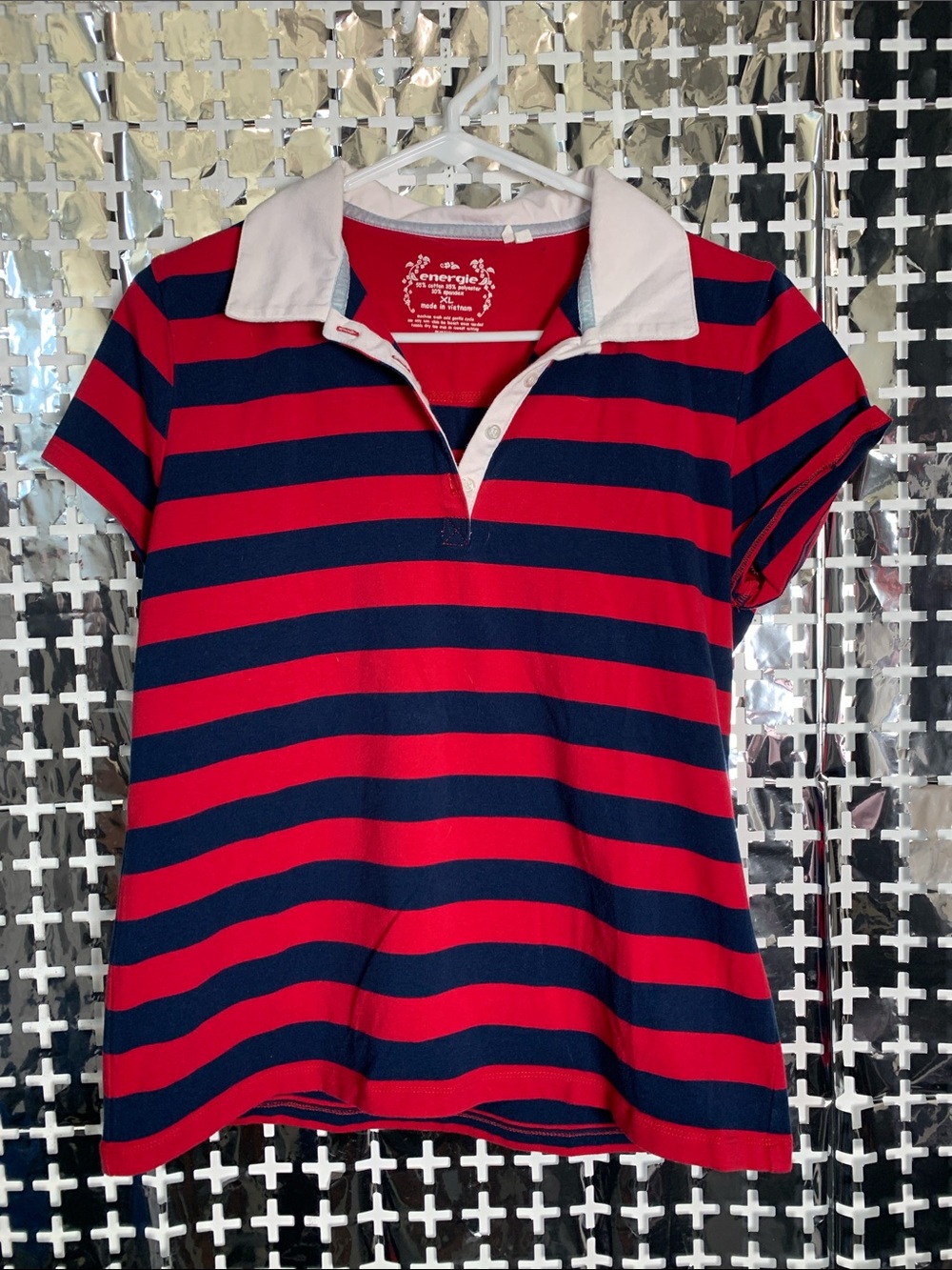 Energie Navy & Red Striped Polo with White Collar